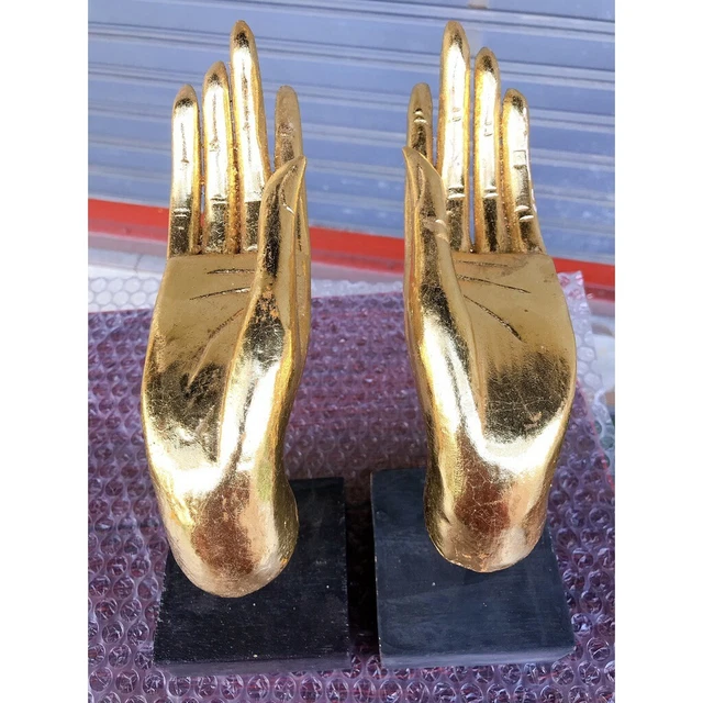Vintage Pair Wood Hand Gold Art Craved Buddha Wall Hanging Sculpture Home Decor