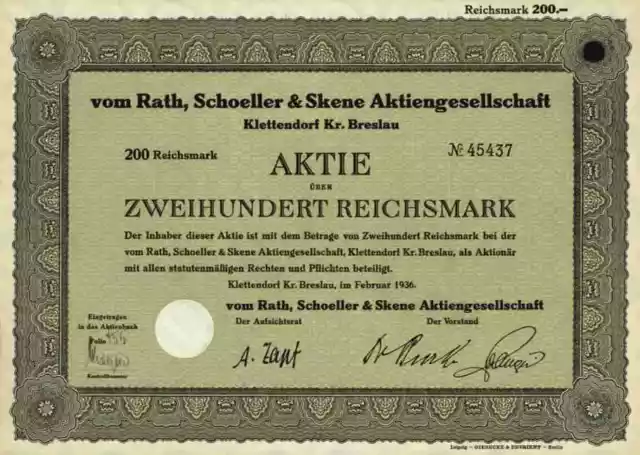 vom Rath Schoeller Skene AG 1936 Zuckerfabrik Klettendorf Breslau 200 RM Klecina