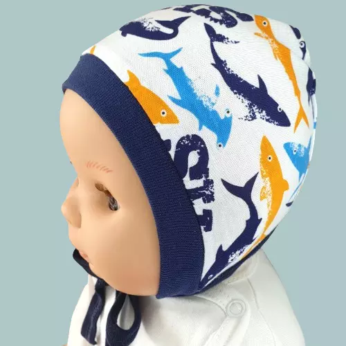 BLUE SHARKS  0 - 12 Months  BABY BOY HATS BONNETS WITH Blue TIES 100% COTTON