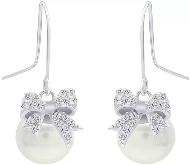 Pave Simulated Diamond Shell Pearl Ribbon Bow Drop Earrings Solid 925 Sterling