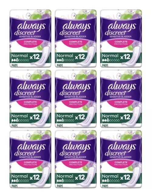 108 x Always Discreet Sensitive Bladder Incontinence Pads Normal Odour Lock Pack