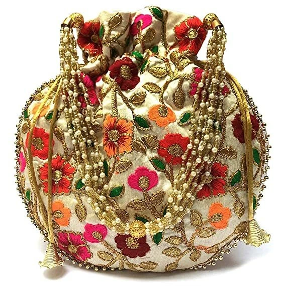 Ambiente Stile Etnico Donna Borsa Potli Cinturino con Perle & Ricamo Goldflower