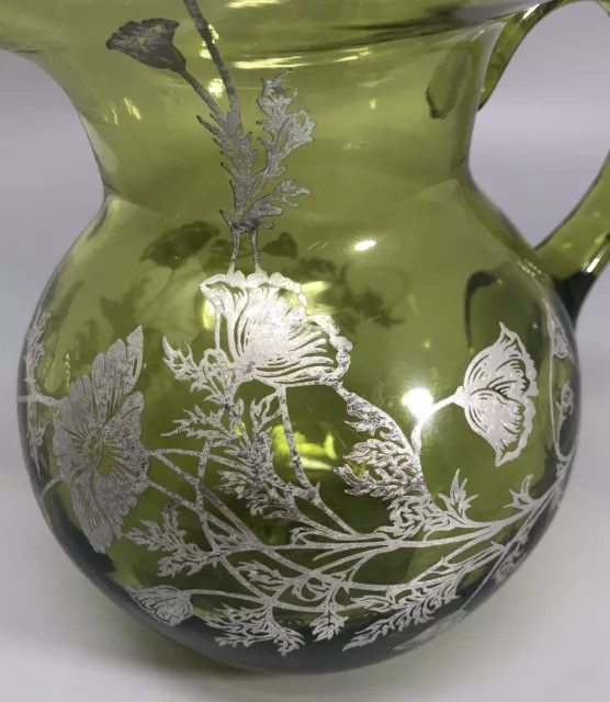 Vintage Hand Blown Green Silver City Glass Pitcher With Silver Overlay Flowers 2