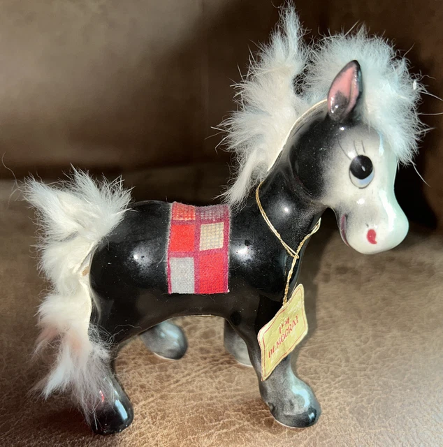 Vintage NORCREST Ceramic Democrat DONKEY Applied Fur Mane & Tail, LABEL & Tag