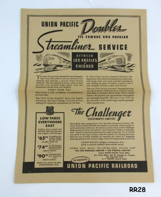 Vtg Union Pacific Railroad Flyer on "The City of Los Angeles" Streamliner RR28