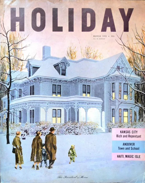 1950 HOLIDAY Magazine Cover Only Art Winter Scene Family Snow Two Story Home
