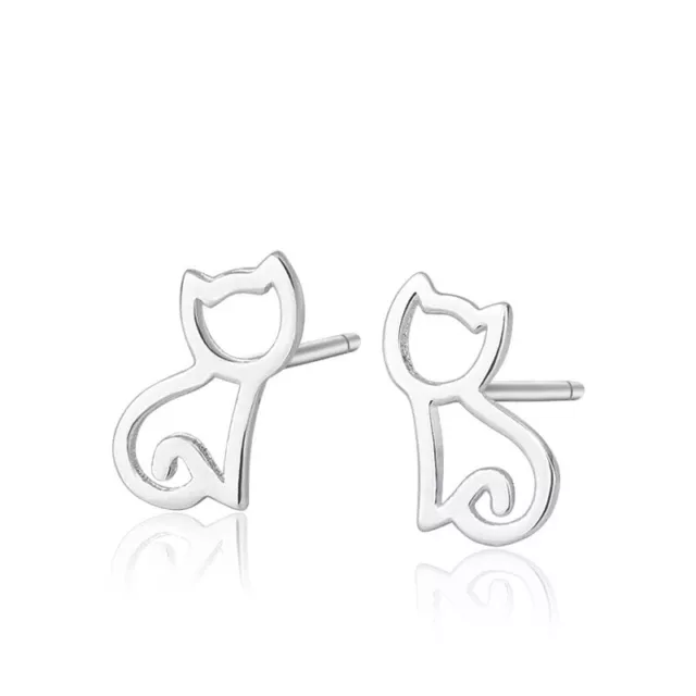 S925 Sterling Silver Hallow Kitty Kitten Cat Animal Ear Stud Girl Women Earrings