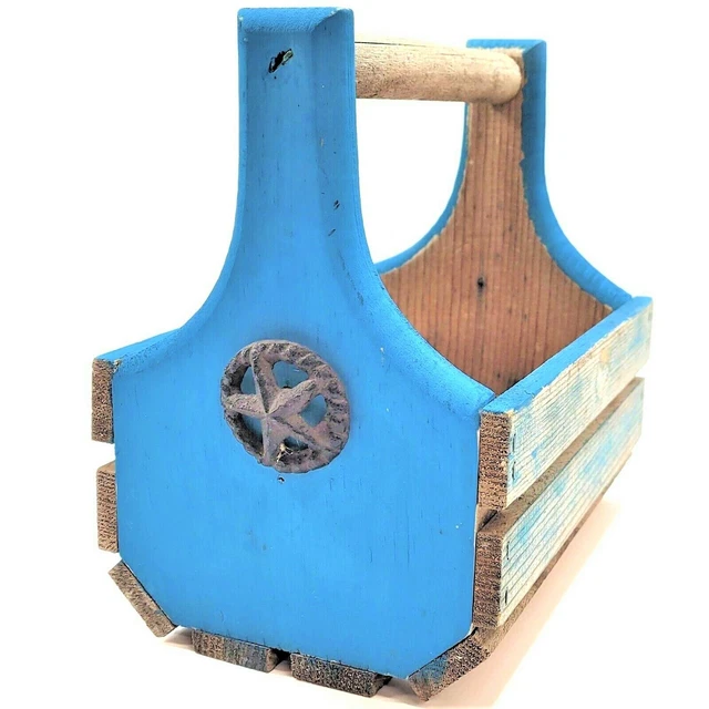 Wood Crate Blue Harvest Basket with Handle Cast Iron TX Star Handcrafted Rustic