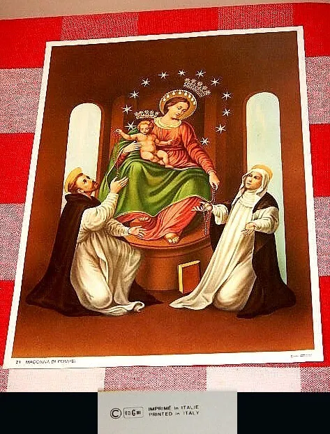 "Litografía Católica "Madonna Di Pompei" Imagen Hecha en Italia De Colección