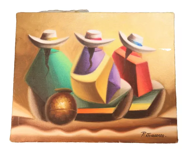 RENE PORTOCARRERO Oil On Canvas 3 Amigos & Pottery Signed On Picture & Back 8x10