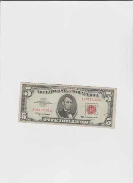 1963 Five Dollar RED Seal Note United States Note Old US Bill $5 Lightly Circ
