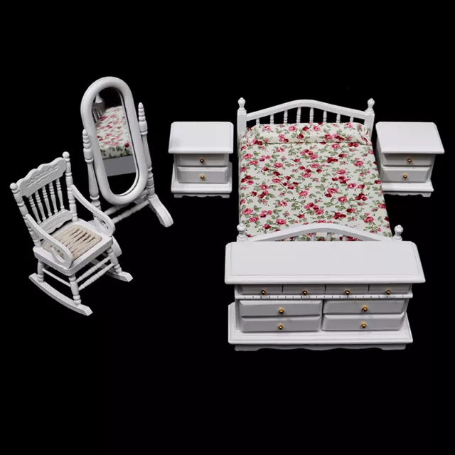 6Pcs 1:12 Dollhouse Miniature White Wooden Bedroom Furniture Set Doll House^RI