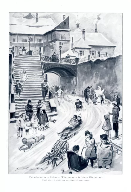 Wintersport in der Kleinstadt XL 1926 Kunstdruck Langenberg Schlitten Kinder Eis