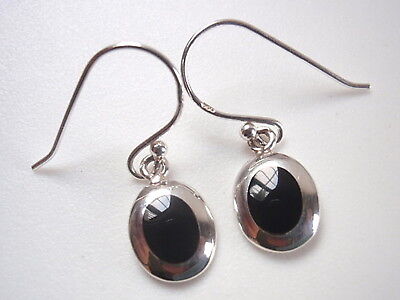 Small Black Onyx Oval in Silver Border 925 Sterling Silver Dangle Earrings