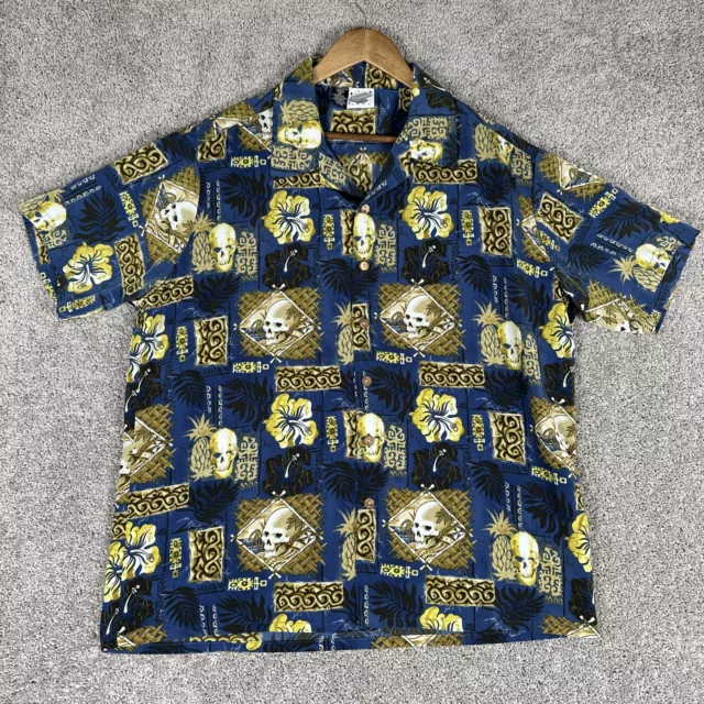 Kennington Ltd Shirt Men's XL Hawaiian Skull Floral Button Up AOP Beach Vacation