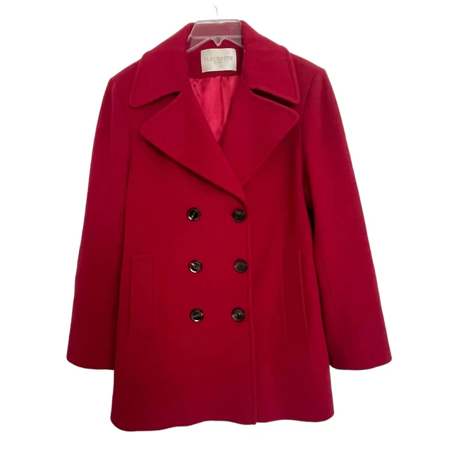 Fleurette Double Breasted 100% Wool Red Coat Size 14