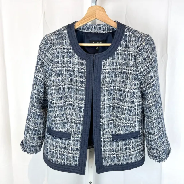 TALBOTS Chambray Trim Tweed Jacket Blazer Cotton Blend Blue Size 4 Petite 4P