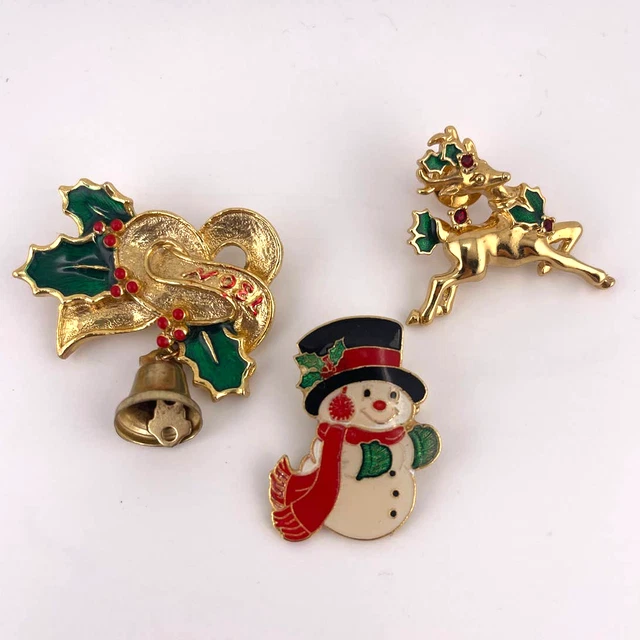 Lot of 3 Vintage Christmas Holiday Brooch Pins Centennial Avon Noel Snowman