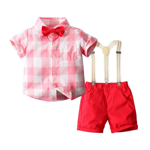 Kids Baby Boys Gentleman Outfits Plaid Shirts Tops Shorts Formal Straps Suit