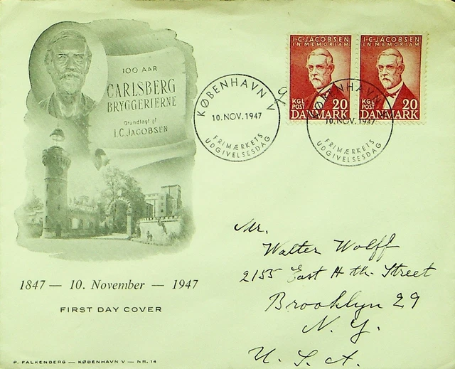 Sephil Dänemark 1947 Post WWII Carlsberg Centenary Paar Auf FDC Kopenhagen USA