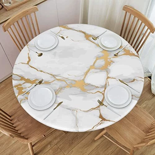 White Marble Print Tablecloth Elastic Edged Round Fitted Table Cover Waterpro...