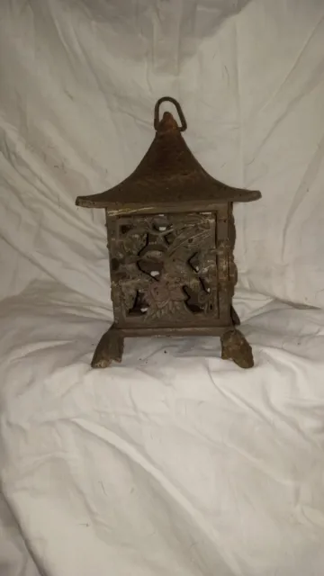 Vintage Japanese Cast Iron Pagoda Candle Holder Lantern With Hummingbird