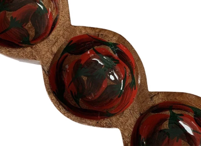 Wood Hand Carved Hand Painted 3 Section Condiment Serving Tray Nuts Candy Dish