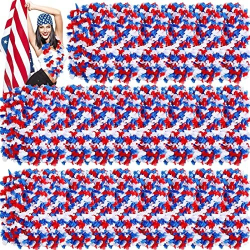 Zeyune 200 Pcs 41 Inch Patriotic Flower Leis Independence Day Flowers Necklace