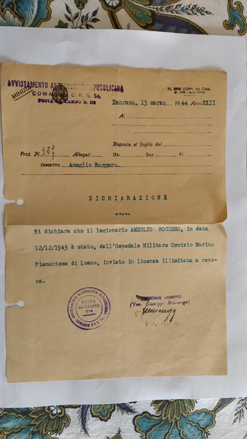 Dich. Avvistamento Aeronautica Repubblicana Posta Da Campo San Remo Marzo 1944