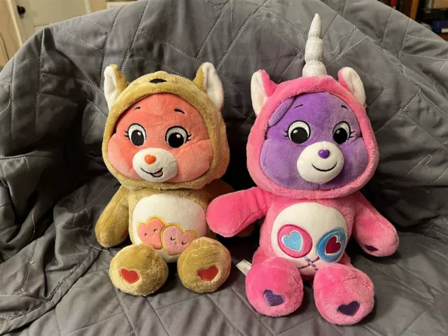 Lot Of 2 Care Bears Unlock The Magic Plush Toy 14" W/ Hood Unicorn & Squirl