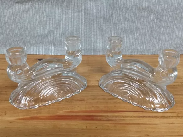 Set of 2 Vintage Candle Holder Double  Clear Glass Ribbed Base Art Deco Style