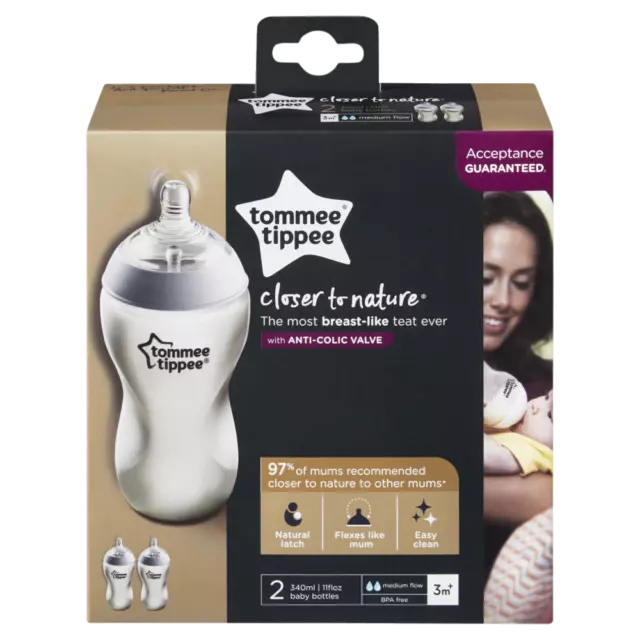 Tommee Tippee Closer to Nature Baby Bottles 2 x 340mL Natural Latch BPA Free 3m+