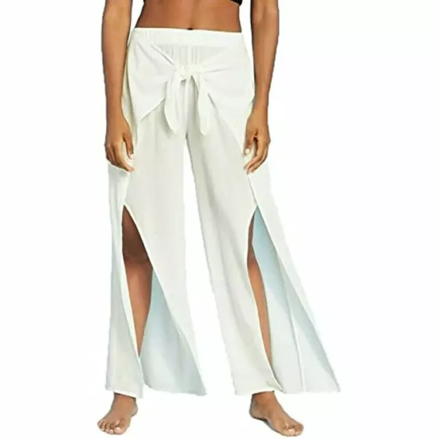 NWT Kona Sol  Women's Tie Waist Beach Cover Up Pants L 12 14 White Slit Leg