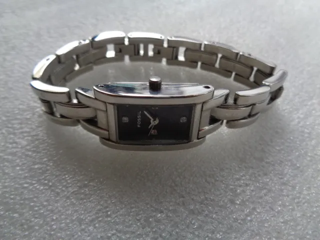 Rare St Steel Rectangle Black Diamond Dial Fossil Ladies Quartz Wristwatch