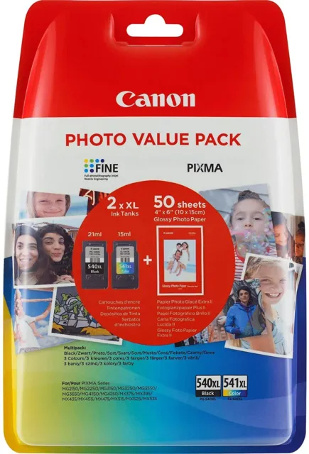 Canon Pg-540Xl + Cl-541Xl + 50 Fogli Carta Fotografica Kit Cartucce Originali Xl