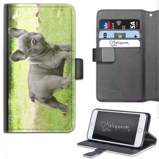 Gris Bouledogue Français Deluxe PU Cuir Portefeuille Téléphone Étui ; Clapet