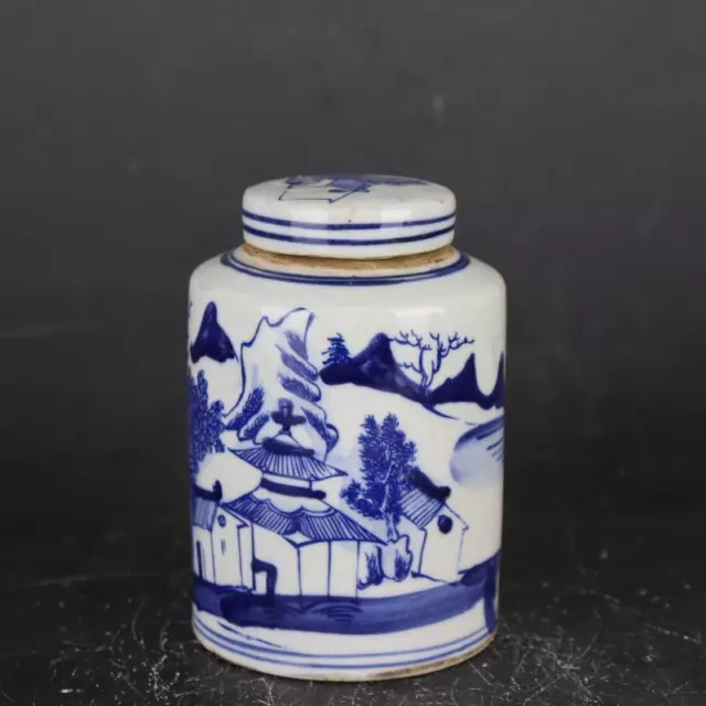 Chinese Blue and White Porcelain Qing Kangxi Landscap Pattern Pot Tea Caddy 5.0"