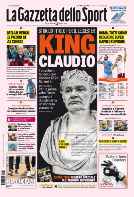 Leicester - Premier League Champion - Gazzetta dello Sport May, 3rd 2016