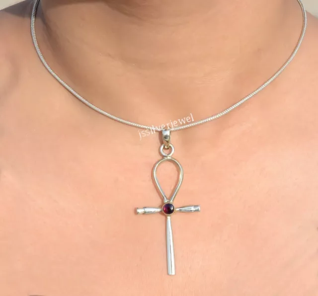 Collier pendentif croix en argent sterling 925 avec pierre précieuse grenat...