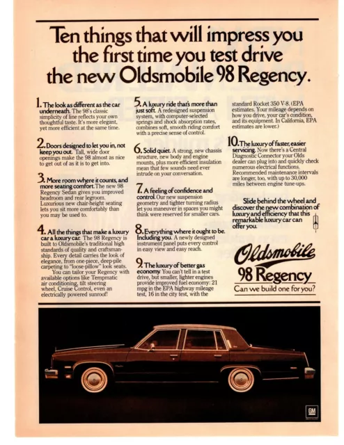1976 Oldsmobile 98 Regency 4-Door Sedan Rocket 350 V-8 Engine 21 MPG Print Ad