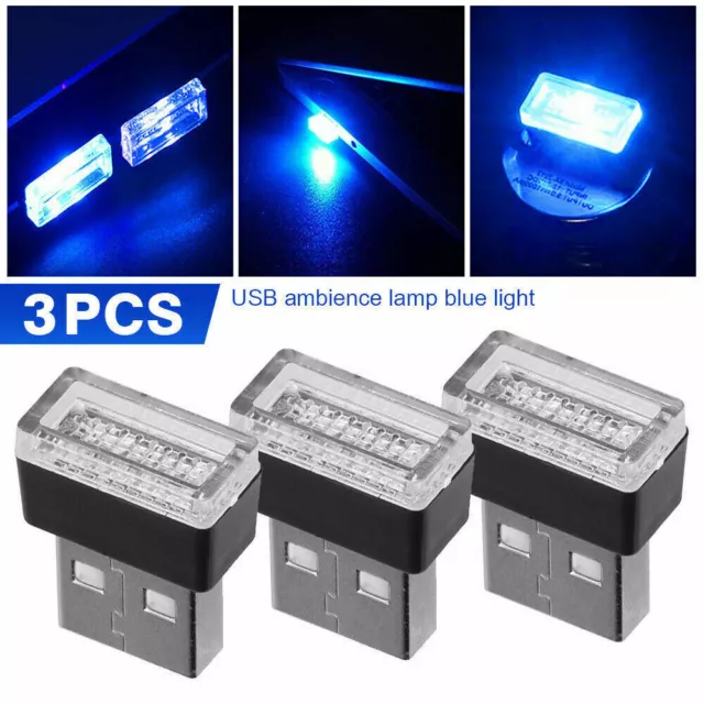 3x Blue Mini LED USB Car Interior Light Neon Atmosphere Ambient Lamp Accessories