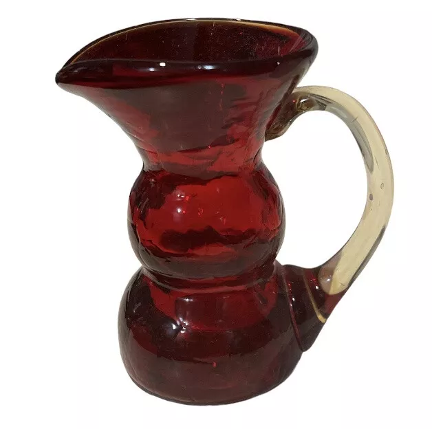 Hand Blown Red Amberina Crackle Glass Pitcher Vase Small