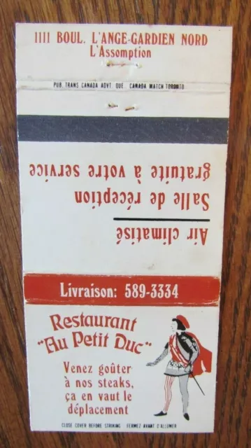 Cavalier Matchbook Matchcover: Petit Duc Restaurant (L'assomption, Quebec) -E13