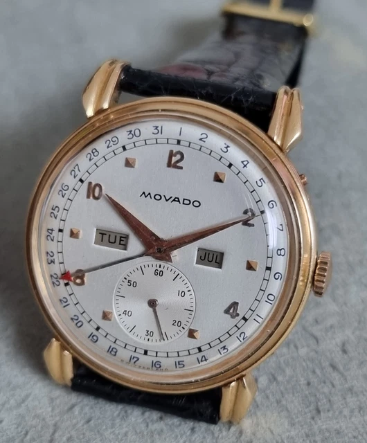 Movado 4820 Vintage triple calendar 18 kt rose gold mm 34 silver dial croco good