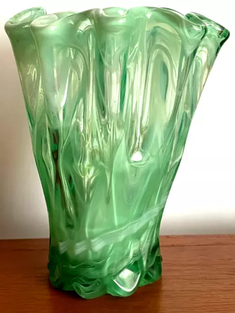Ruffled top, Milky Green, Hand Blown Studio Glass 13cm tall Vase