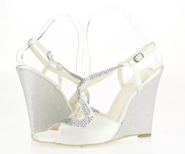 Womens MENBUR White Jewels Satin Formal Slingback Wedding Heels Sandals Size 38 2