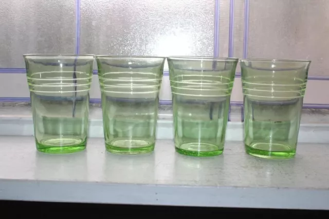 4 1930s Green Depression Glass Tumblers Advertising Wards Winona MN