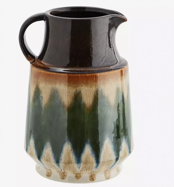 Glazed Ceramic Green Brown Cream Jug, Decorative Stoneware Vase, Retro Style