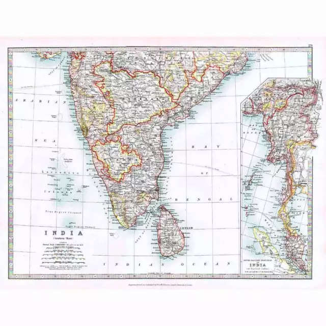 Antique Map 1914 - India (South) and Ceylon by W & AK Johnston
