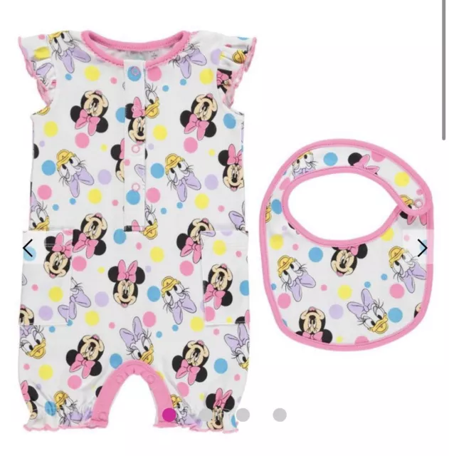 Disney Minnie Mouse Baby Girls Summer Romper and Bib Set. Age 3-6 months